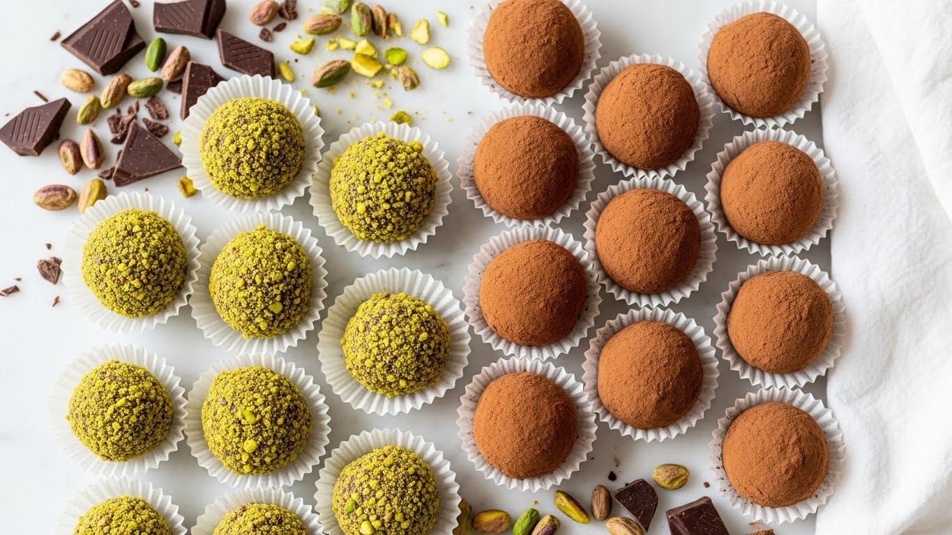 The image shows two types of round chocolate truffles arranged on a white marbled surface. One type of truffle is covered in a rough coating of crushed green and light brown pistachio pieces, creating a textured, colorful outer layer. The other type is coated smoothly with a fine layer of cocoa powder giving a matte, deep brown finish. Some truffles are placed inside white paper liners, while others rest directly on the marbled surface. Around the truffles, there are scattered pieces and shards of dark chocolate and crushed pistachios, adding to the visual richness. A white cloth is partially visible on the right side of the image. Photo taken with an iphone --ar 4:5 --v 7