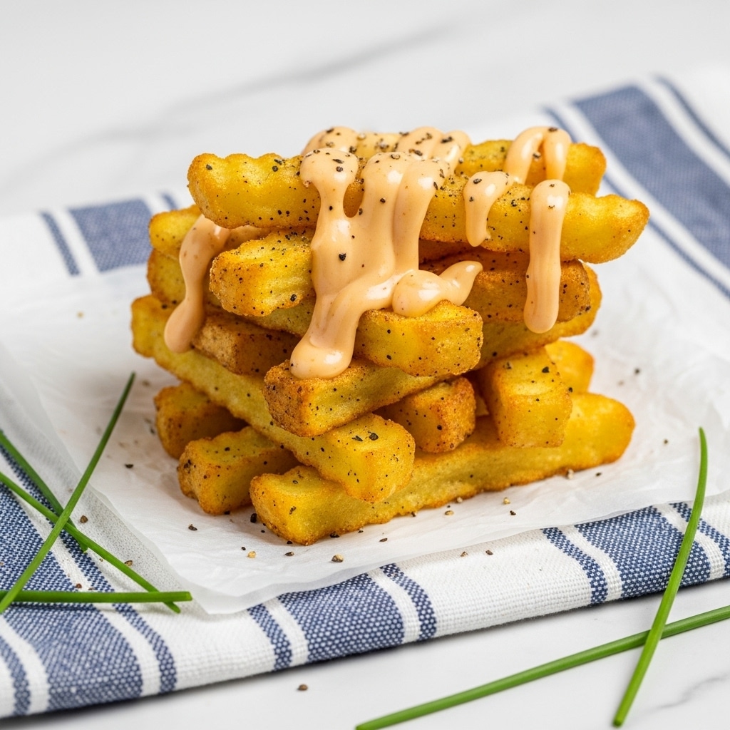 This image shows a pile of golden-yellow crispy French fries stacked in a loose mound on white paper, which is placed on a blue and white striped cloth. The fries are coated with black pepper and drizzled with a creamy light orange cheese sauce that runs unevenly over the top. Some thin green chives are scattered on the white marbled surface beside the cloth, adding a fresh touch to the scene. The fries have a textured, crunchy outer layer with some having slightly browned edges. photo taken with an iphone --ar 4:5 --v 7