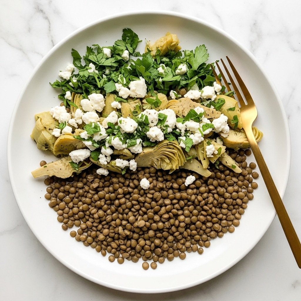 A white plate filled with a lentil salad featuring three main layers: the bottom layer is greenish-brown lentils covering the base of the plate, scattered unevenly; mixed within are pieces of light green artichokes with a soft texture, creating a varied height in the salad; the top layer has small white chunks of cheese and bright green chopped herbs sprinkled across, adding color contrast; a golden fork rests on the right side of the plate on a white marbled surface in the background. Photo taken with an iphone --ar 4:5 --v 7