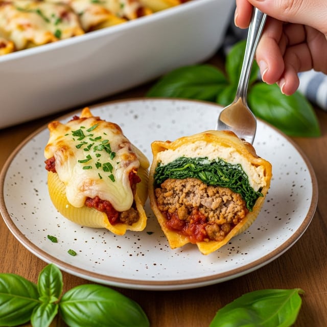 Two stuffed pasta shells are on a white plate with brown specks; the first shell is topped with melted light golden cheese and sprinkled green herbs, showing a soft creamy texture. The second shell is open, revealing three layers inside: a top layer of melted cheese, a middle layer of cooked green spinach leaves with a wrinkled texture, and a bottom layer of browned ground meat with a crumbly texture, all resting on a base of deep red tomato sauce. A woman's hand is holding a silver fork, lifting the second shell. The plate sits on a wooden surface with scattered fresh green basil leaves around it. In the background, a white casserole dish filled with more stuffed shells is partly visible. photo taken with an iphone --ar 4:5 --v 7
