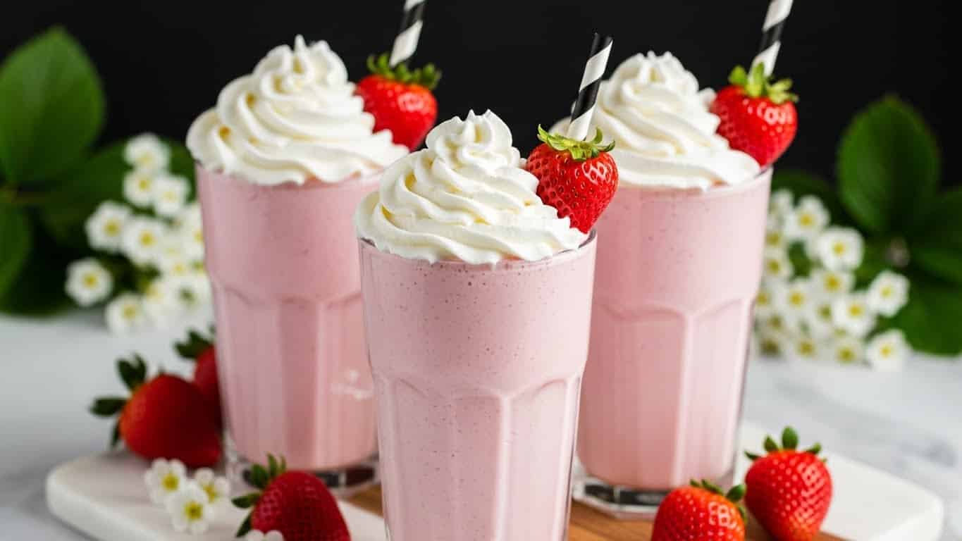 Three tall clear glasses with thick pink strawberry milkshakes fill each glass nearly to the top. Each shake has a large swirl of white whipped cream on top, crowned with one bright red strawberry. A white straw with black lines stands upright in the whipped cream in every glass. The glasses sit on a wooden board with fresh whole strawberries and small white flowers scattered around them, all placed on a white marbled surface. The background is dark with some blurred green leaves and white flowers adding a soft touch. photo taken with an iphone --ar 4:5 --v 7