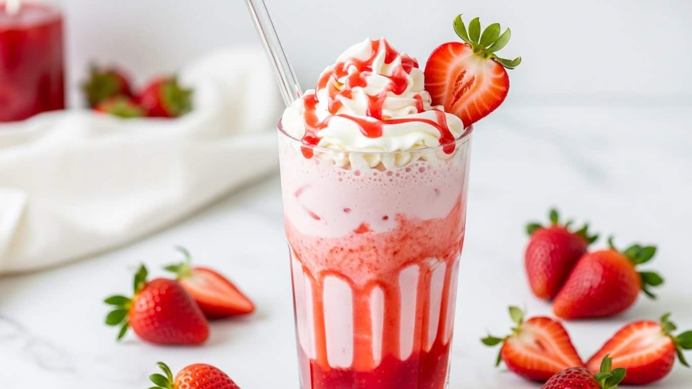 A tall clear glass holds a strawberry milkshake with three main layers: a bright red syrup layer at the bottom, a thick light pink creamy milkshake in the middle with some red syrup streaks running down the sides, and a top layer of white whipped cream swirled with red syrup. On top of the whipped cream, there is a half strawberry with green leaves. A clear glass straw sticks out from the drink. The glass is on a white marbled surface surrounded by whole and sliced fresh strawberries. In the background, a white cloth and a jar with red liquid are visible. Photo taken with an iphone --ar 4:5 --v 7
