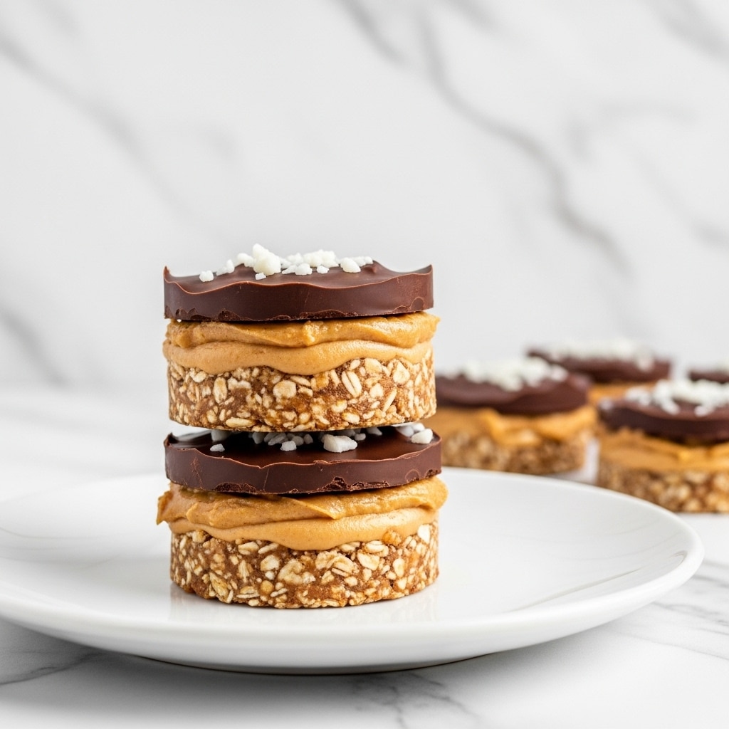 The image shows a stack of three round treats on a white plate with a white marbled surface underneath. Each treat has three layers: the bottom layer is a rough textured mixture of light brown oats and peanut butter, the middle layer is a smooth creamy peanut butter in a lighter brown color, and the top layer is a shiny dark brown chocolate, sprinkled with small white flakes on top. In the background, more of the same treats can be seen slightly out of focus. The setting is bright with a clean white marbled texture wall behind. photo taken with an iphone --ar 4:5 --v 7