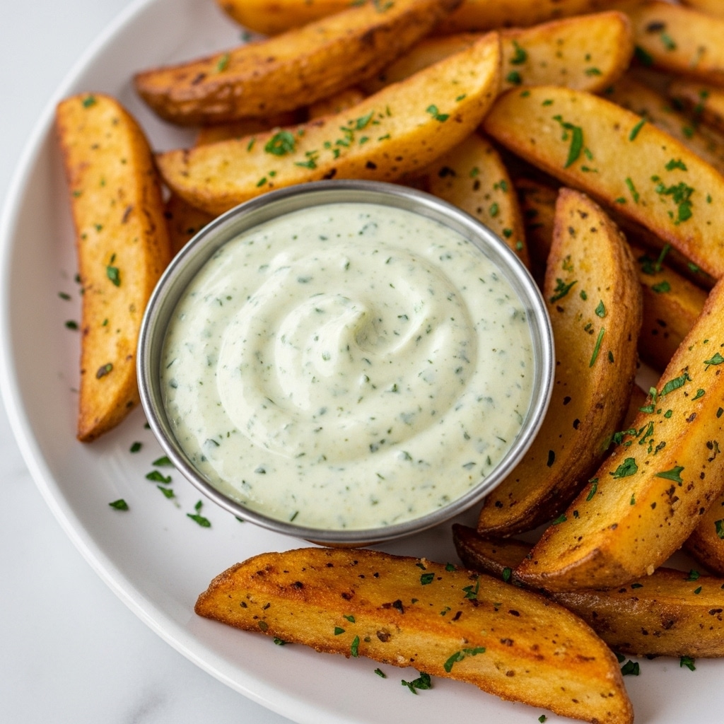 The image shows a small round metal bowl filled with creamy light green sauce speckled with darker green herbs, placed on a white plate. Around the bowl are thick, golden-brown fries seasoned with herbs, some with slightly crispy edges and visible texture. The plate rests on a white marbled surface. photo taken with an iphone --ar 4:5 --v 7