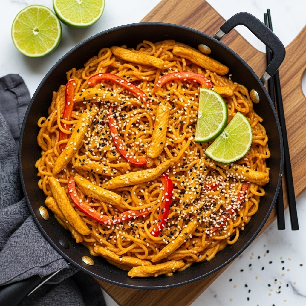 A close-up top view of a black pan filled with creamy orange curry noodles containing light beige chicken strips and thin red bell pepper slices mixed evenly throughout. On one side of the pan, two fresh green lime wedges rest on top of the noodles, sprinkled lightly with white and black sesame seeds. The pan sits on a wooden board over a white marbled texture, with two lime wedges and a pair of black chopsticks nearby. A dark gray cloth is also partly visible to the side. Photo taken with an iphone --ar 4:5 --v 7