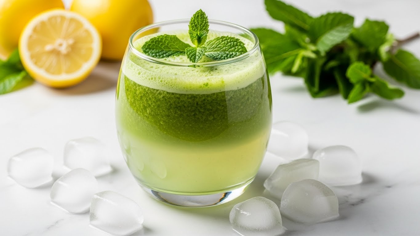 A clear round glass filled with a two-layered green drink, the bottom part a lighter translucent green and the top part a frothy darker green with small green specks. A few fresh green mint leaves sit on top as garnish. Around the glass are scattered ice cubes on a white marbled surface. In the background, slightly out of focus, are whole and cut yellow lemons and green mint leaves. Photo taken with an iphone --ar 4:5 --v 7