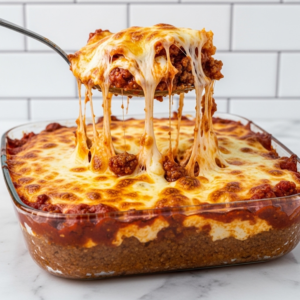 A large spoon lifts a round portion of a baked dish from a clear glass tray set on a white marbled surface, revealing melted cheese stretching in long, thin strands. The dish has several layers visible: the top layer is a golden-brown baked cheese with bubbly, slightly crispy spots; underneath is a thick, creamy white cheese layer mixed with melted cheese strands; below this, there is a rich, reddish tomato sauce with bits of ground meat mixing into the cheese; the base layer appears dense and moist, lightly browned from baking. The background shows white subway tiles, and the overall texture looks gooey and hearty. photo taken with an iphone --ar 4:5 --v 7
