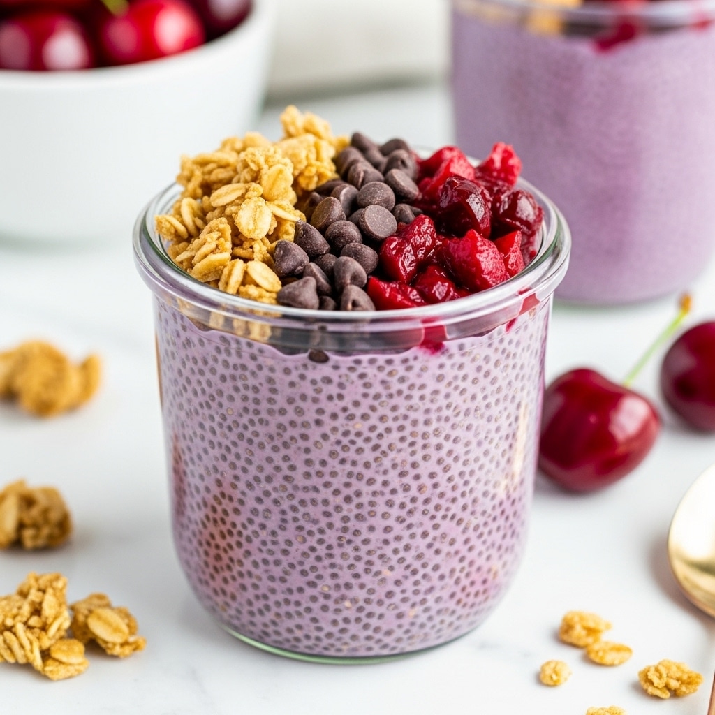 A small clear glass jar filled with a thick purple chia pudding made of small visible chia seeds in a smooth texture. The pudding fills most of the jar and is topped with three sections: golden crunchy granola clusters on the left, dark brown chocolate chips in the middle touching the granola, and deep red chopped cherries on the right. The jar sits on a white marbled surface with a blurred white bowl of red cherries and another jar of more purple chia pudding in the background. A few granola pieces are scattered around the jar. Photo taken with an iphone --ar 4:5 --v 7