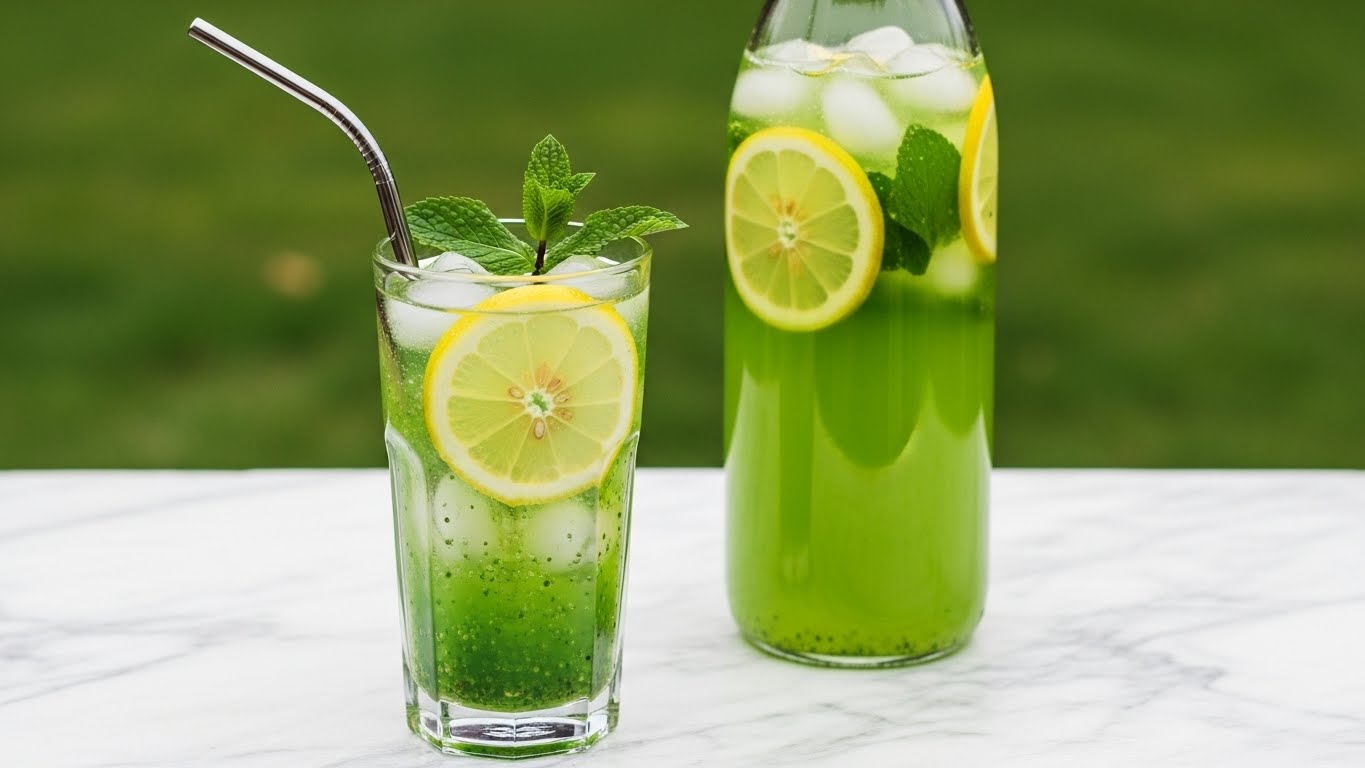 A tall clear glass filled with a green drink with small specks, layered with ice cubes inside; there is a thin lemon slice near the middle of the drink and a fresh green mint leaf on top, and a metal straw stands inside the glass. Behind the glass is a tall clear bottle with the same green drink, ice cubes, and slices of lemon inside. All items are placed on a white marbled textured surface, with blurred green grass in the background. photo taken with an iphone --ar 4:5 --v 7