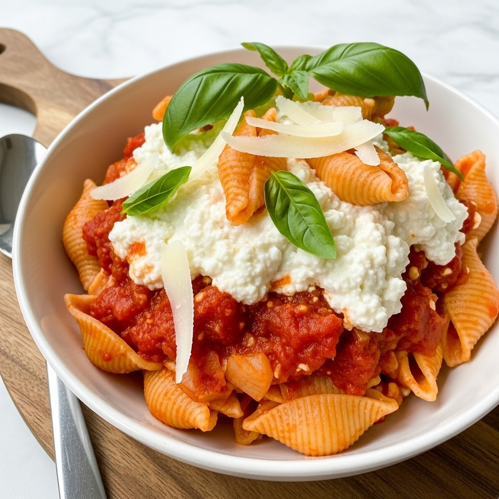 A white bowl filled with a layered pasta dish is shown. The bottom layer appears chunky with red and orange pieces of cooked tomato sauce and pasta shells. On top of this is a creamy, white ricotta cheese layer mixed with the sauce, giving a slightly lumpy texture. A few scattered peach-colored pasta shells peek through this mixture. The dish is finished with thin, off-white shaved cheese pieces sprinkled all over and bright green fresh basil leaves placed on the top. The bowl sits on a wooden board with a silver spoon next to it, all on a white marbled surface. Photo taken with an iphone --ar 4:5 --v 7