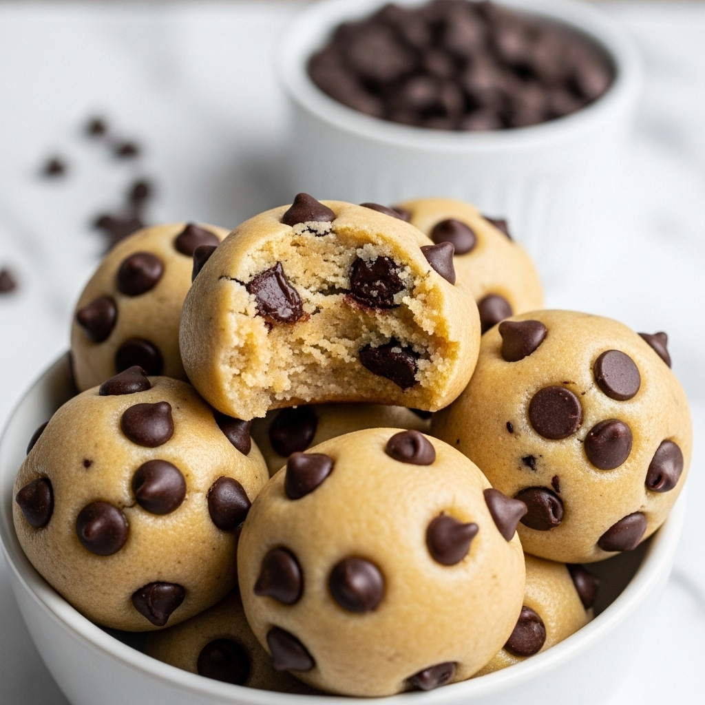 A close-up image shows a white bowl filled with round cookie dough balls that have dark chocolate chips mixed throughout. One ball on the top has a bite taken out, revealing a soft, slightly crumbly beige interior with visible chocolate chips inside. The cookie dough balls have a smooth texture with chocolate chips scattered unevenly on the outside. In the blurry background, another white bowl filled with small dark chocolate chips is visible, placed on a white marbled surface. The lighting is soft, highlighting the light golden color of the dough and the dark chocolate chips. Photo taken with an iphone --ar 4:5 --v 7