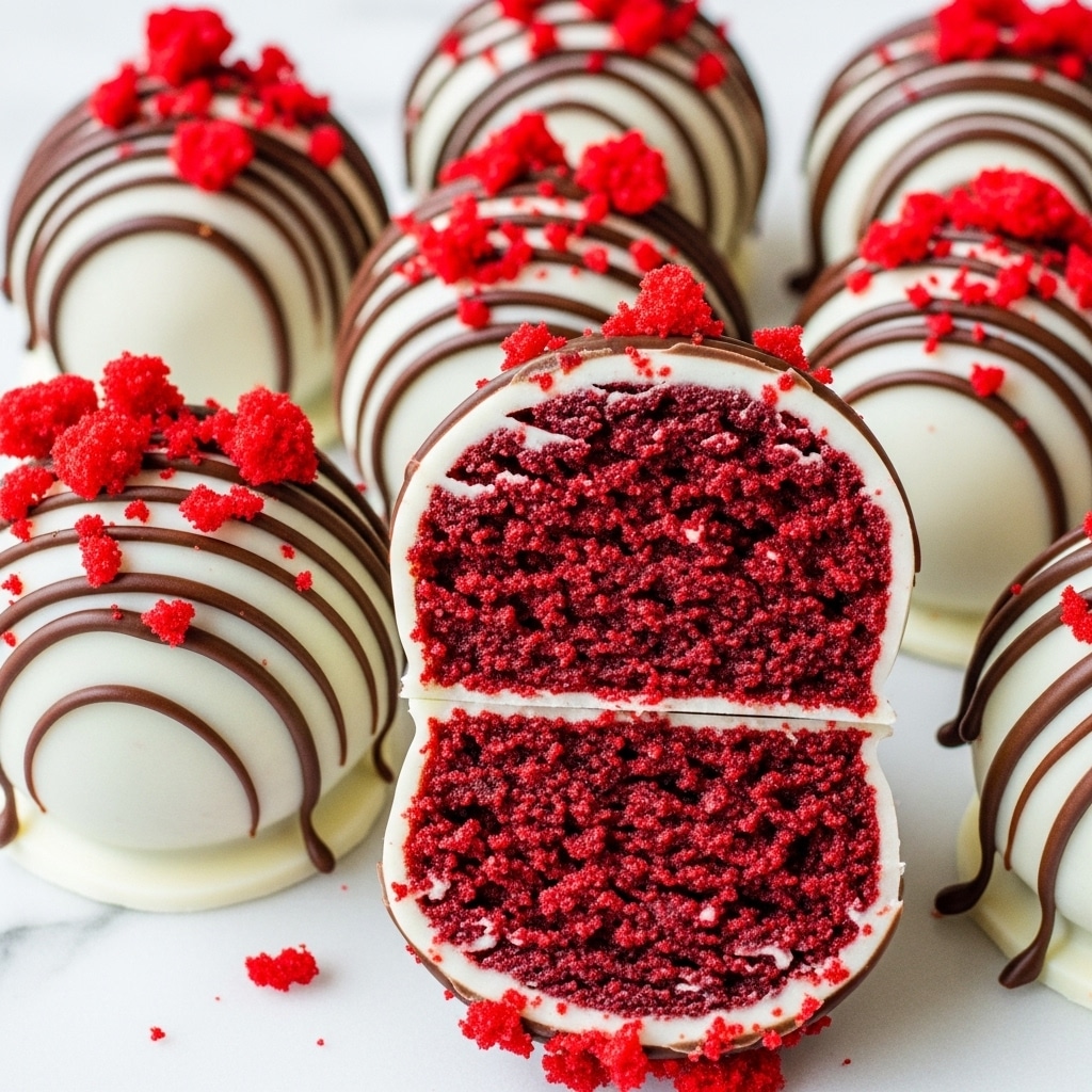 A close-up view of several round cake balls with three visual layers: the inside layer is a deep red crumbly cake texture; the middle layer is smooth white coating covering the cake; the outer layer is made up of dark chocolate drizzle lines and bright red crumbled cake pieces sprinkled on top. One cake ball is cut in half and held up, showing the deep red cake inside, while the others sit on a white marbled surface in the background with a soft focus. The white coating and dark chocolate lines create contrast with the red cake crumbs on top. photo taken with an iphone --ar 4:5 --v 7