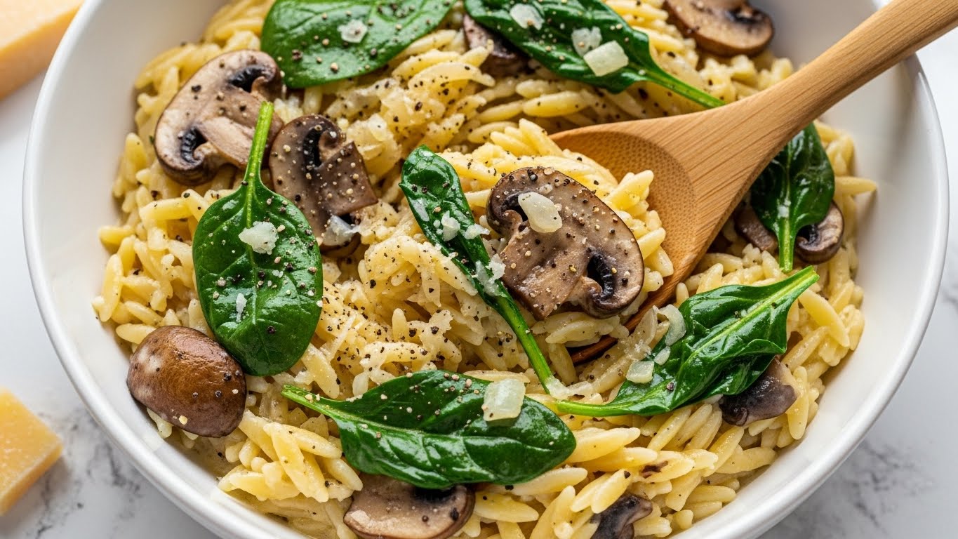 A close-up view of a white bowl filled with creamy orzo pasta mixed with sautéed brown mushrooms and bright green spinach leaves evenly spread throughout. The orzo is pale yellow and glossy, coated in a creamy sauce that pools slightly at the bottom. Lightly chopped onions and a sprinkle of grated cheese and black pepper are visible on top. A smooth wooden spoon is scooping some of the mixture, showing the soft, slightly saucy texture of the dish. The bowl sits on a white marbled surface, with a small piece of Parmesan cheese partially in frame on the left. photo taken with an iphone --ar 4:5 --v 7