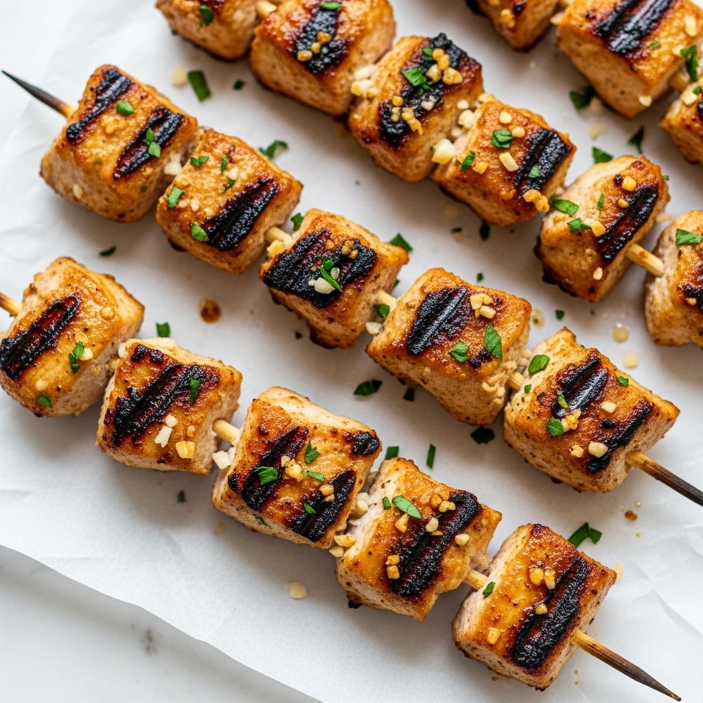 The image shows several grilled chicken skewers with bite-sized pieces of chicken threaded onto wooden sticks. Each piece is golden brown with some charred, crispy edges and is sprinkled with small chopped green herbs and small white bits of seasoning, likely garlic or cheese. The skewers rest on a sheet of white parchment paper that lies on a white marbled surface. The texture of the chicken looks juicy and tender with a slightly glossy finish from the marinade or sauce. photo taken with an iphone --ar 4:5 --v 7