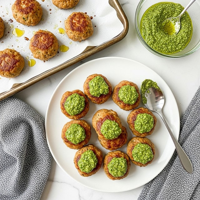 A white plate holds eleven round meatballs that are golden brown with a slightly crispy texture. Each meatball has a dollop of green pesto sauce on top, which is coarse with visible bits of herbs and oil, giving it a shiny look. Next to the plate is a silver spoon resting on the edge, coated lightly with pesto. Above and to the left, there is a baking tray lined with white parchment paper with several more golden meatballs still on it, some showing spots where oil has dripped. At the top right of the frame, a clear glass bowl contains more green pesto sauce with a textured look. All items are set on a white marbled surface with a folded gray and white patterned cloth nearby. Photo taken with an iphone --ar 4:5 --v 7