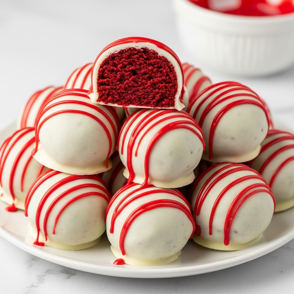 The image shows a white plate with a pile of round red velvet cake balls covered in smooth white chocolate. Each cake ball is decorated with thin, bright red stripes drizzled on top in a wavy pattern. One cake ball on top is cut in half, showing a deep red, moist and dense cake inside. The plate sits on a white marbled surface with a blurred white bowl holding more red drizzle in the background. photo taken with an iphone --ar 4:5 --v 7