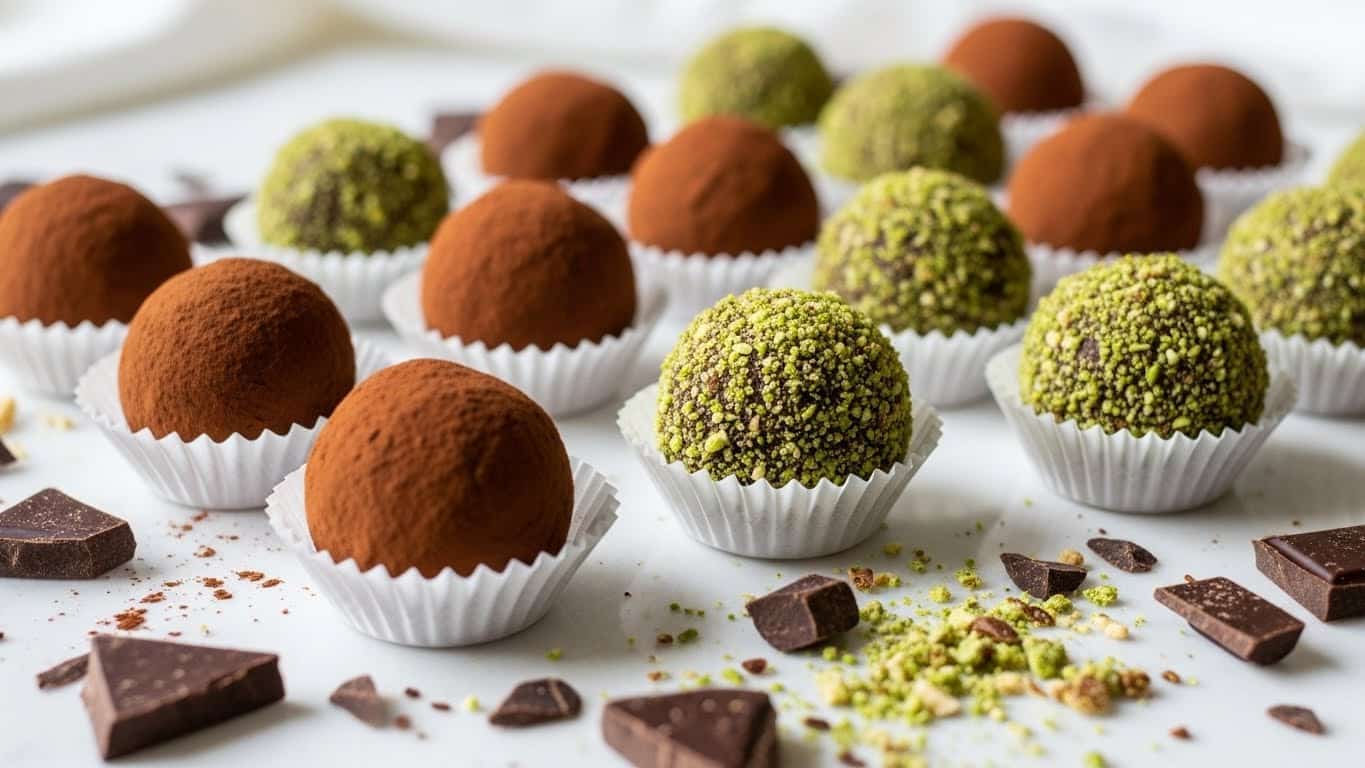 A group of round chocolate truffles arranged in rows on a white marbled surface, with some truffles covered in smooth dark brown cocoa powder and others coated in a rough green and light brown chopped nut mixture. Each truffle is roughly the same size, with some placed inside white paper cups and others resting directly on the surface. Scattered around are irregular pieces of dark chocolate and bits of chopped nuts, adding texture and color contrast to the scene. The background is softly blurred white fabric. photo taken with an iphone --ar 4:5 --v 7