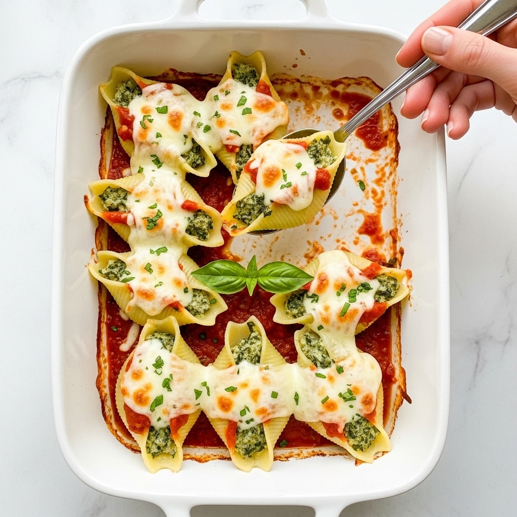 The image shows a white rectangular baking dish filled with eight stuffed pasta shells. Each shell has a visible layer of cheese melted on top, which is golden and white, slightly bubbly in texture. Underneath the cheese, there is a rich red tomato sauce covering the shells partially. The pasta shells are light yellow and stuffed with a green mixture likely of spinach or herbs, adding a contrast of color inside. The dish is garnished with some finely chopped green herbs sprinkled on top and a small basil leaf placed on one cluster of shells. A woman's hand is holding a silver spoon lifting one of the pasta shells from the dish. The baking dish is placed on a white marbled surface. photo taken with an iphone --ar 4:5 --v 7