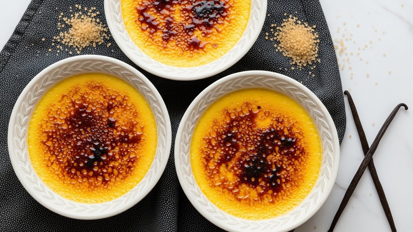 The image shows three shallow white ceramic bowls filled with crème brûlée, placed closely on a dark textured cloth over a white marbled surface. Each dessert has a golden-yellow custard base topped with a thin, caramelized brown sugar crust that looks crispy and slightly uneven with darker burnt spots. The bowls have a simple leaf pattern around the edges. Light brown sugar granules are scattered around the bowls, and two thin vanilla pods rest in the bottom right corner of the image. The lighting highlights the glossy texture of the sugar crust, making the custard underneath look smooth and creamy. photo taken with an iphone --ar 4:5 --v 7