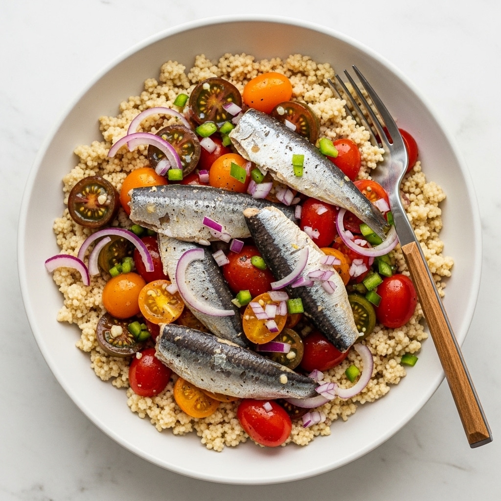 A deep bowl filled with a base layer of light beige couscous with a fluffy texture covers the bottom. On top, there are whole and sliced small cherry tomatoes in red, yellow, and orange colors, scattered evenly with a juicy feel. Several silver-grey sardines with a slightly shiny and smooth texture are placed over the tomatoes. The dish is finished with a sprinkling of finely chopped red onions and green bell peppers, adding fresh color and crunch. The bowl is white, set on a white marbled surface, with a fork featuring a silver top and wooden handle placed to the right side. photo taken with an iphone --ar 4:5 --v 7