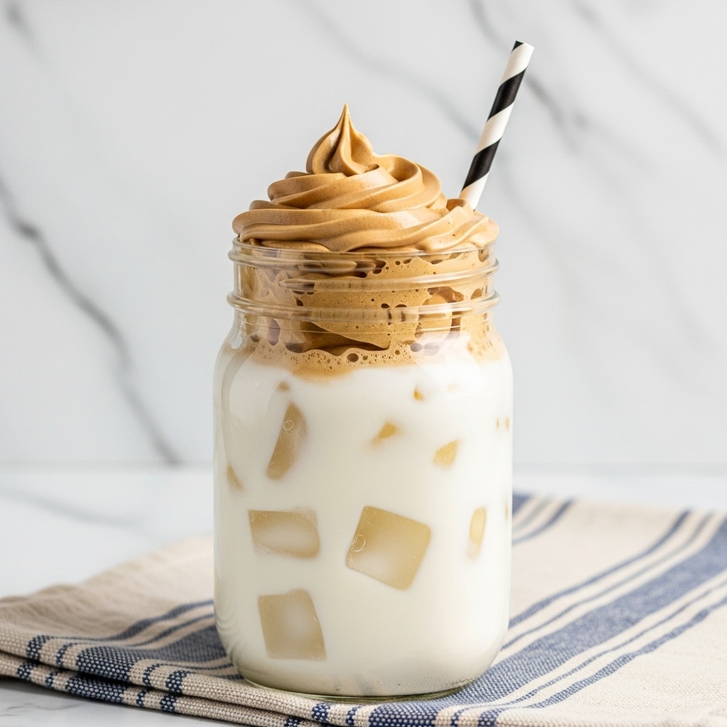 A clear glass jar filled with a layer of white milk at the bottom, containing several clear ice cubes. On top of the milk is a thick, fluffy layer of light brown whipped coffee foam that gently waves upwards with soft peaks. A black and white striped straw is inserted into the drink, leaning slightly to the side. The jar is placed on a light brown and blue striped cloth, all set against a white marbled background. photo taken with an iphone --ar 4:5 --v 7