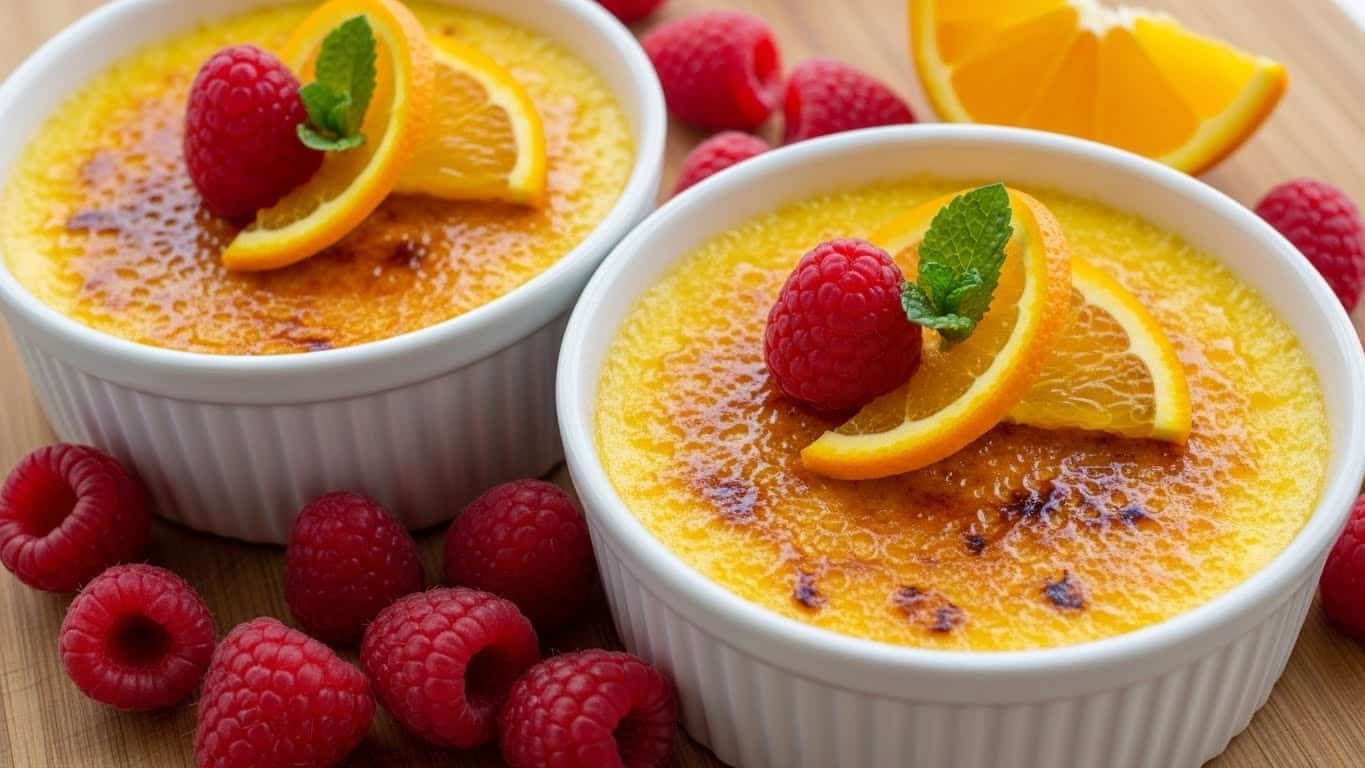 Two white round ramekins hold crème brûlée with a caramelized golden-brown top layer. Each ramekin's top is decorated with a fresh raspberry, a thin curved slice of orange peel, a small green mint leaf, and a wedge of bright orange fruit. The ramekins sit on a wooden surface, surrounded by scattered fresh red raspberries and an orange wedge. The contrast between the creamy yellow base, the crunchy caramel top, and the vibrant fruit garnish is clear and inviting. photo taken with an iphone --ar 4:5 --v 7