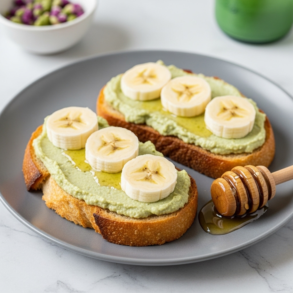 Two slices of toasted bread with a light golden brown crust are placed flat on a gray plate. Each slice is topped with a smooth, creamy green spread, covering the surface evenly. On top of the spread, there are three thick, round slices of banana on each piece of toast, arranged in a neat row. To the right side of the plate, a wooden honey dipper with some honey clinging to it rests partly on the plate. In the blurred background, a small white bowl with green and purple bits and a green jar are visible. The whole scene is set on a white marbled texture. Photo taken with an iphone --ar 4:5 --v 7