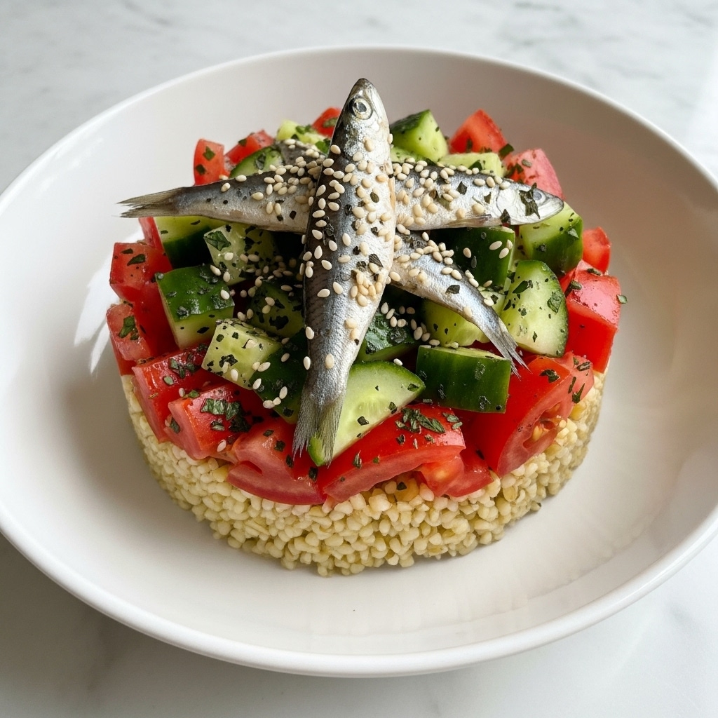 A white bowl holds a layered dish starting with a base of light brown bulgur wheat with a soft, slightly rough texture. On top of that is a mix of bright red tomato chunks and fresh green cucumber cubes, both sprinkled with finely chopped dark green herbs. The dish is finished with three small silver fish fillets placed in a triangular shape, covered with white sesame seeds and a few more herb flakes. The bowl sits on a white marbled surface. photo taken with an iphone --ar 4:5 --v 7