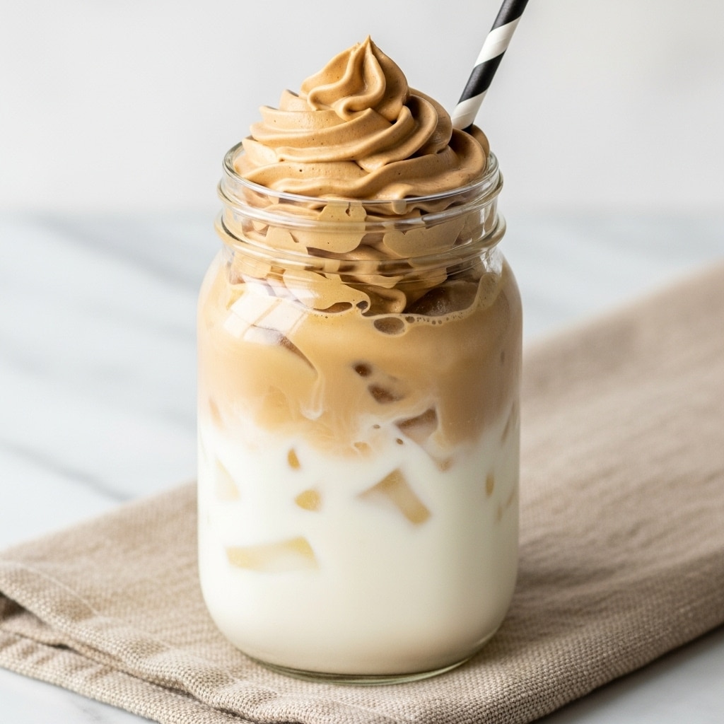A clear glass jar filled with a bottom layer of white milk mixed with ice cubes showing a smooth and cold texture, topped with a thick, creamy light brown whipped coffee layer that has soft peaks and swirls, with a black and white striped straw inserted into the whipped coffee. The jar sits on a beige textured cloth over a white marbled surface. photo taken with an iphone --ar 4:5 --v 7