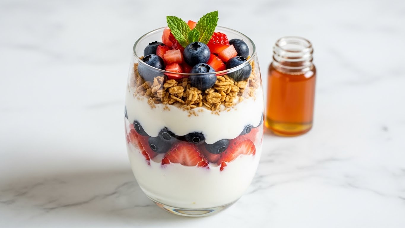 A clear glass cup shows a layered dessert with three main layers: the bottom and middle layers are creamy white yogurt, while the middle layer has a mix of dark blueberries and red strawberries peeking through the yogurt. On top is a crunchy golden brown granola layer with extra blueberries and diced strawberries, finished with two small green mint leaves. The glass sits on a white marbled texture surface, with a small glass bottle of honey visible on the side. Photo taken with an iphone --ar 4:5 --v 7