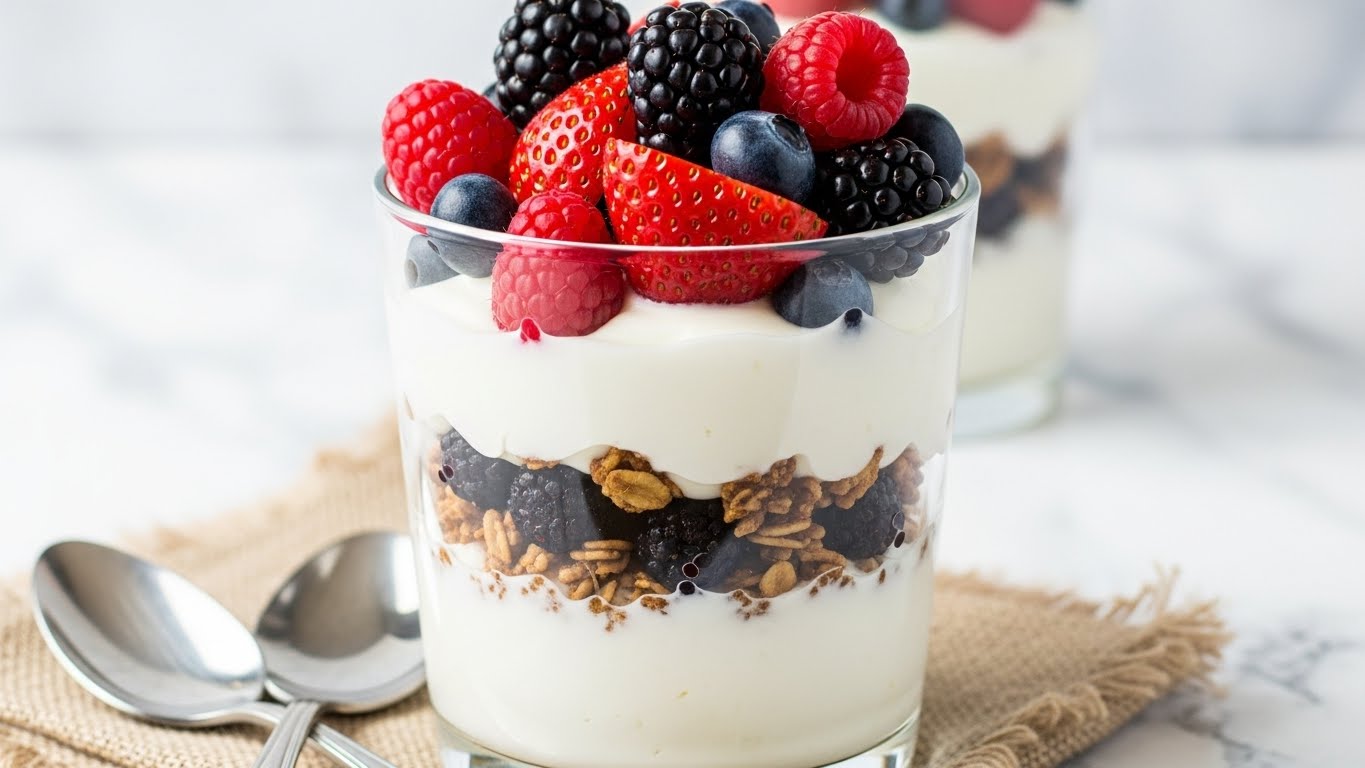 A clear glass filled with a dessert showing three main layers: at the bottom, a thick white creamy layer; in the middle, a layer of dark granola mixed with small dark berries; above that, another white creamy layer; topped with a mix of fresh berries including bright red strawberries, raspberries, blueberries, and blackberries, all with a slight shine. The glass sits on a piece of woven fabric on a white marbled textured surface, with two silver spoons and a blurred background visible behind the glass. photo taken with an iphone --ar 4:5 --v 7