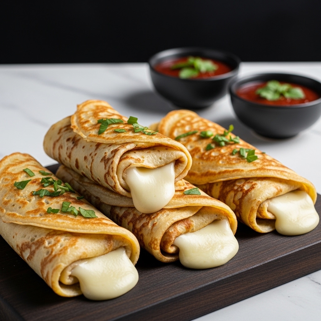 Three rolled crepes lie on a dark wooden board, each filled with melted white cheese that oozes slightly from the ends. The crepes are golden brown with a crispy texture, speckled with small dark spots and sprinkled with fresh green herbs. In the background, two small round bowls hold thick red dipping sauce with green herb garnish, all set on a white marbled surface that softly blurs into the dark backdrop. photo taken with an iphone --ar 4:5 --v 7