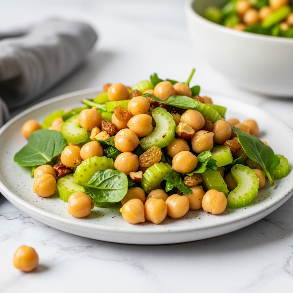 A close-up view of a pile of chickpea salad on a pale gray, speckled white plate, placed on a white marbled texture. The chickpeas are light beige and round, mixed with bright green celery slices and small pieces of darker green leafy herbs. There are also small bits of brown nuts and possibly light yellow raisins scattered in the salad. In the background, there is a partial view of a white bowl with more salad. A gray cloth napkin is partially visible near the plate's edge. photo taken with an iphone --ar 4:5 --v 7