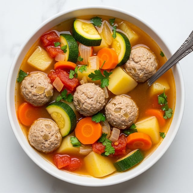 A white bowl filled with a clear, orange-brown broth containing five light brown meatballs with visible small bits of onion, scattered among chunky pieces of vegetables including green and yellow zucchini slices, bright orange carrot chunks, light yellow potato wedges, diced tomatoes, and translucent onion pieces, all topped with small green parsley leaves. A silver spoon with an intricate handle is partially submerged on the right side. The bowl sits on a white marbled surface. photo taken with an iphone --ar 4:5 --v 7