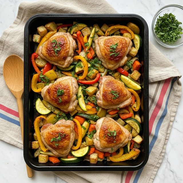 A black baking tray contains six browned chicken thighs arranged evenly on top of a mix of roasted vegetables including yellow and red bell peppers, green zucchini cut into strips, and chunks of potatoes in pale yellow and orange colors. Small green herb pieces are scattered over the chicken and vegetables. A small glass bowl with chopped green herbs is in the top right corner beside the tray. The tray is placed on a beige cloth with colorful red and blue stripes on a white marbled surface, and a wooden spoon is partly visible on the left side. photo taken with an iphone --ar 4:5 --v 7