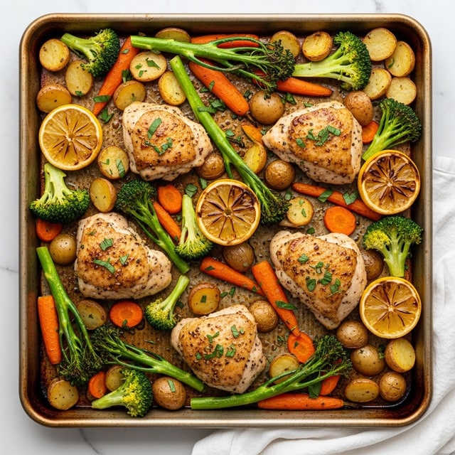 A sheet pan filled with a tasty mix of grilled chicken pieces, golden roasted potatoes, bright orange carrots, and green broccoli florets, all cooked to a light crisp. Scattered lemon slices with juicy yellow centers and slightly charred edges sit among the vegetables, adding freshness to the mix. The chicken has a golden brown, slightly speckled skin with a bit of herbs on top. The vegetables show a mix of soft textures with some caramelized spots, and a few sprigs of green herbs are sprinkled over everything. The pan rests on a white marbled surface with a white cloth nearby. photo taken with an iphone --ar 4:5 --v 7