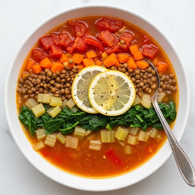 A white bowl filled with a colorful lentil soup showing three main layers: the bottom layer is a reddish-orange broth, the middle layer is a mix of green spinach leaves and light beige celery chunks, and the top layer has dark brown lentils, bright orange carrot pieces, and vibrant red tomato chunks. Two thin slices of lemon with black pepper are placed on top in the center. A silver spoon rests on the right side inside the bowl. The bowl is set on a white marbled surface. photo taken with an iphone --ar 4:5 --v 7