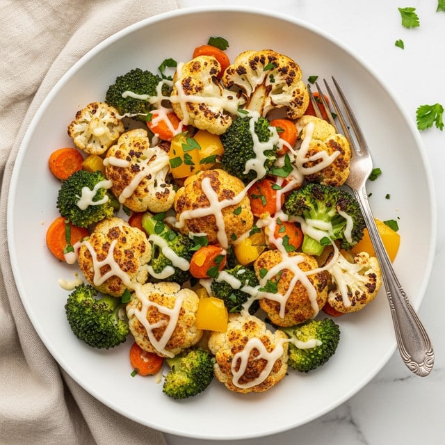 A white shallow bowl filled with roasted cauliflower and broccoli florets mixed with small orange carrot pieces and yellow bell pepper chunks. The cauliflower and broccoli have a golden brown crispy layer on top, showing slight charring and melted cheese draped over them, creating a creamy texture beneath the crispy tops. The vegetables are scattered evenly across the bowl with chopped green herbs sprinkled on top. A silver fork rests on the right side of the bowl on a white marbled surface, with a beige cloth napkin underneath part of the bowl. photo taken with an iphone --ar 4:5 --v 7