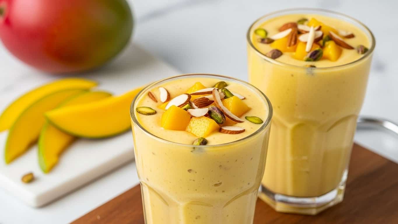 Two tall clear glasses filled with a creamy, bright yellow mango smoothie sit on a wooden board. The smoothie has a thick, smooth texture topped with small fresh mango chunks and thinly sliced almonds and pistachios, adding a mix of light yellow and brown colors on top. In the background, there is a whole ripe mango and some mango slices placed on a white marbled texture. The scene is bright and inviting, showing the fresh and rich feel of the drink. photo taken with an iphone --ar 4:5 --v 7