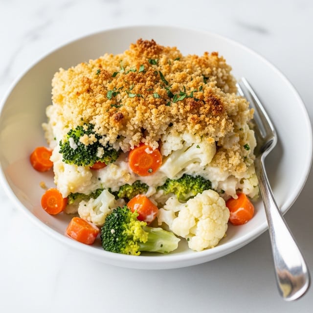 The dish is a baked vegetable casserole served in a white bowl, set on a white marbled surface. The dish has distinct layers of creamy white sauce mixed with chunky pieces of steamed cauliflower and broccoli, giving a mix of smooth and slightly rough textures. Bright orange carrot cubes add color contrast, scattered throughout. The top layer is covered with a golden-brown toasted breadcrumb crust that looks crispy and crunchy, with some green herb sprinkles on top. A shiny silver fork rests inside the bowl on the right side. Photo taken with an iphone --ar 4:5 --v 7