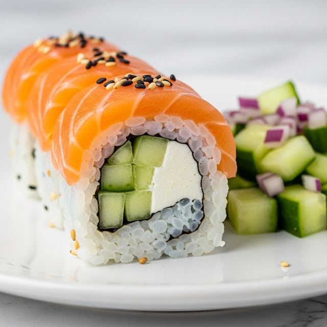 The image shows a close-up of a sushi roll on a white plate with a white marbled texture background. The sushi roll has three visible layers: an outer orange layer of sliced salmon, a middle thin white layer of cream cheese, and an inner layer filled with green cucumber chunks and small black and white sesame seeds sprinkled on top. In the background, there is a small pile of chopped cucumbers with bits of red onion. The colors are soft and fresh, with the salmon’s smooth texture contrasting with the crunchy cucumber pieces. photo taken with an iphone --ar 4:5 --v 7