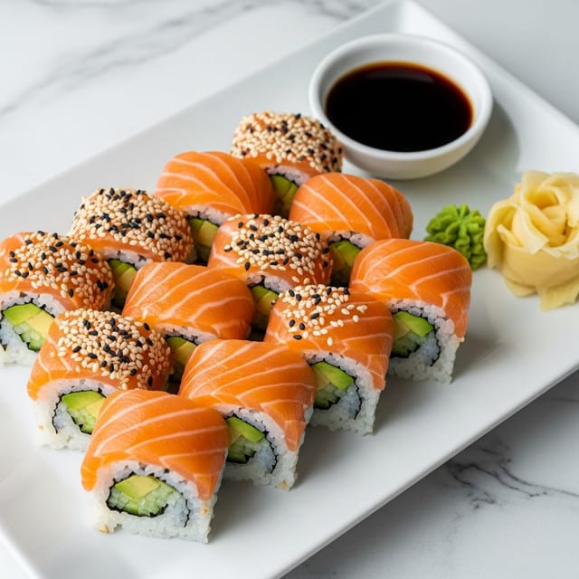 The image shows a white rectangular plate with two rows of sushi rolls, each roll wrapped in bright orange salmon and covered with white and black sesame seeds on the outside. Inside the rolls, there are light green slices of avocado and cucumber, and white rice forms the base layer with a soft texture. A small round white dish with dark soy sauce sits on the top right corner of the plate, accompanied by a pale yellow mound of pickled ginger on the side. The background features a white marbled surface. photo taken with an iphone --ar 4:5 --v 7