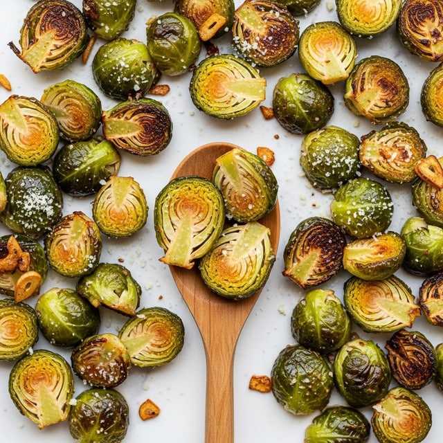 Roasted Brussels sprouts are shown cut in half, with a mix of light and dark green color and some golden brown edges from roasting. They are spread out on a white marbled surface, and a wooden spoon holds a few Brussels sprouts in the center of the image. Some pieces are sprinkled with what looks like grated Parmesan cheese, adding a light dusting of white. There are also small bits of roasted garlic scattered among the Brussels sprouts. The texture appears crispy on the outside and tender inside, and the lighting highlights the shine from the oil used in roasting. photo taken with an iphone --ar 4:5 --v 7