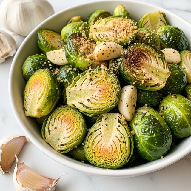 A close-up view of a white bowl filled with roasted Brussels sprouts cut in halves, showing their bright green crispy outer leaves and tender, lighter green inside layers, mixed with small pieces of soft cooked white garlic cloves and sprinkled with a light dusting of golden-brown breadcrumbs, all sitting on a white marbled surface with whole garlic bulbs nearby. The roasted vegetables have a slightly shiny, well-oiled texture with hints of black pepper and seasoning visible. Photo taken with an iphone --ar 4:5 --v 7