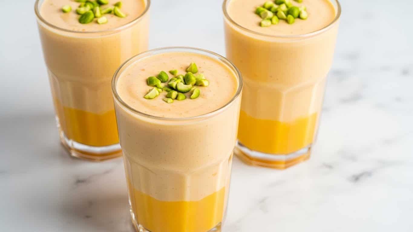 Three tall clear glasses filled with a smooth, creamy light orange drink, each glass topped with small green chopped nuts. The glasses are placed on a white marbled surface, showing the layered texture of the thick liquid inside. The bright orange drink contrasts gently with the green nut pieces on top, and the glasses have a simple design with slight grooves near the bottom. photo taken with an iphone --ar 4:5 --v 7