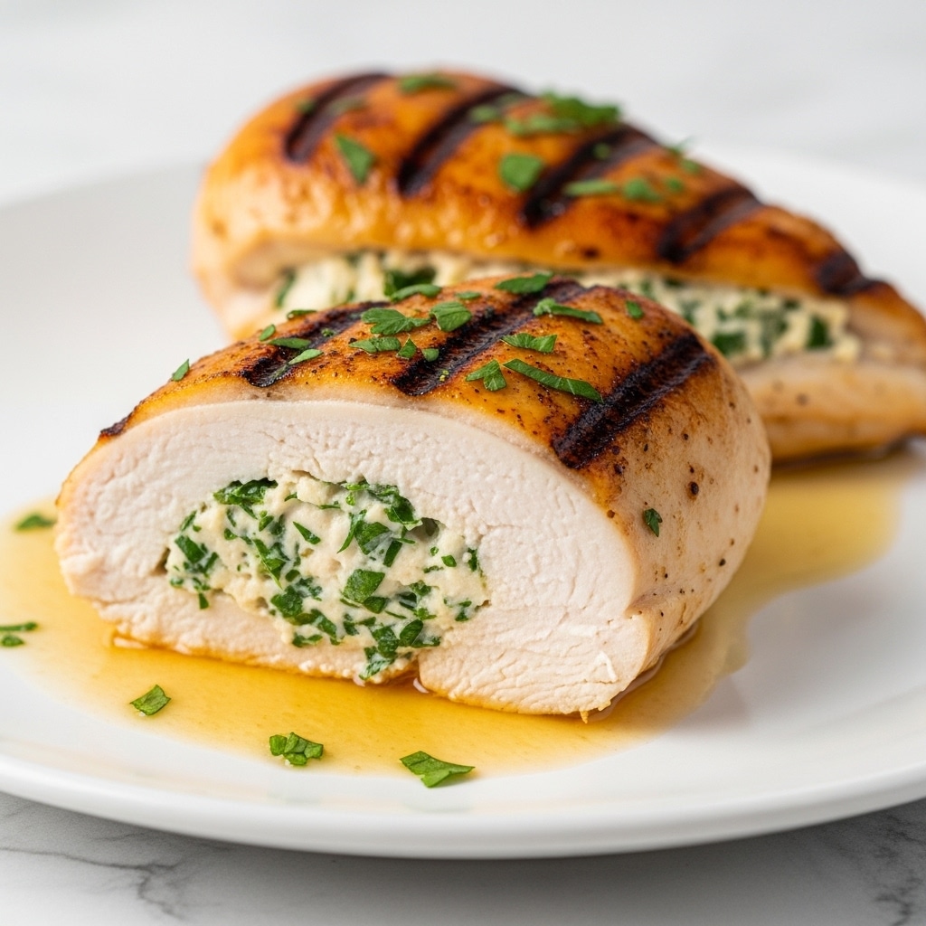 The image shows two pieces of grilled stuffed chicken breasts on a white plate, placed on a white marbled surface. Each chicken breast has a golden-brown, slightly crispy skin with small green herbs sprinkled on top. The chicken is cut open to reveal a creamy filling inside, mixed with chopped green herbs giving a fresh and soft texture contrast. The filling is moist and oozes a little into the plate, with a light amber sauce spreading around the base of the chicken. The focus is on the front piece with a smooth, juicy white meat layer visible beneath the browned skin. photo taken with an iphone --ar 4:5 --v 7