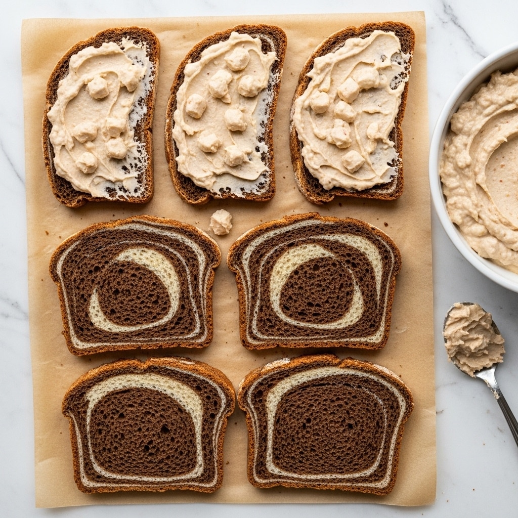 The image shows six slices of marble rye bread arranged on a piece of light brown parchment paper over a white marbled surface. Three slices at the top have a thick, creamy beige spread with small chunks, covering the surface unevenly and slightly spilling over. The three slices at the bottom are plain, revealing the dark and light swirled pattern of the bread. To the right side, part of a white bowl filled with the same beige spread is visible, along with a spoon resting nearby with some spread on it. The overall look is rustic and inviting. Photo taken with an iphone --ar 4:5 --v 7