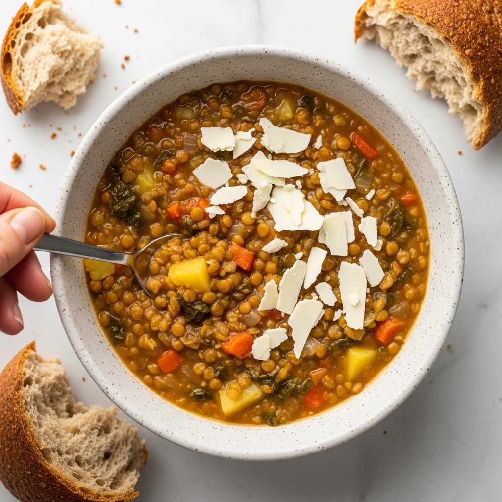 A speckled ceramic bowl filled with three visible layers: the bottom layer is a thick, textured lentil soup with small chunks of orange carrots, green leafy vegetables, and yellowish potatoes giving a mix of earthy green and orange colors; the top layer has thin, uneven pale cream cheese shavings scattered unevenly over the soup surface; a woman's hand holding a metal spoon is scooping some of the lentil soup near the bowl's left edge; around the bowl, pieces of torn brown bread with rough texture sit on a white marbled surface; photo taken with an iphone --ar 4:5 --v 7
