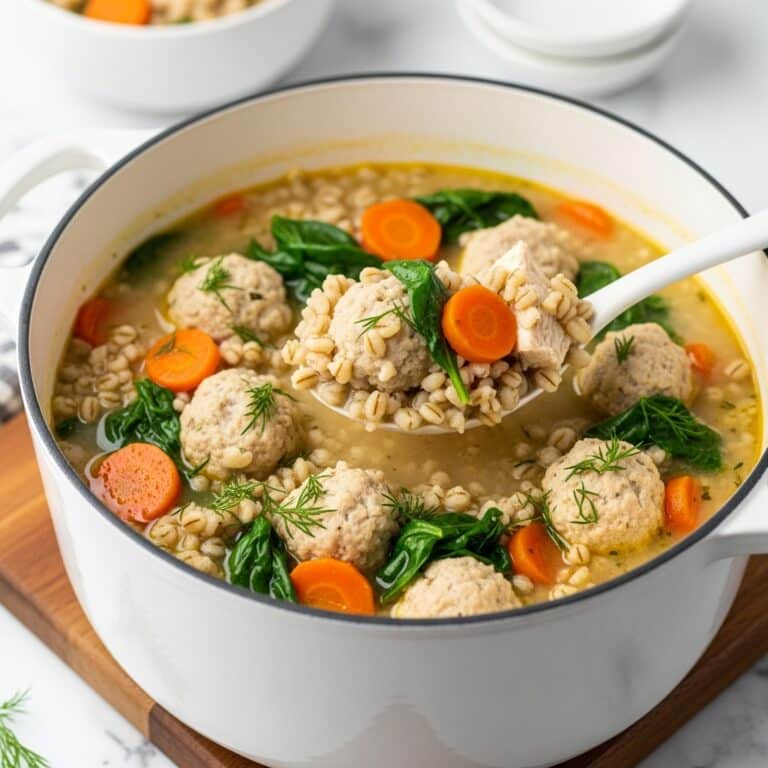 Lemony Barley Soup with Chicken Meatballs, Dill, and Spinach Recipe