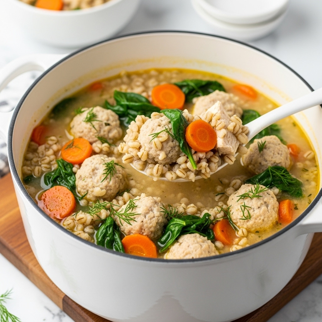 A white pot filled with a thick soup showing several layers: the base is a creamy, pale broth mixed with small beige barley grains; on top, there are chunks of white, textured chicken meat mixed with bright orange carrot cubes and bright green spinach leaves scattered throughout. Small bits of fresh green dill are sprinkled over the soup, adding a delicate texture. A white spoon lifts a portion of the soup, showing a combination of barley, chicken, carrot, spinach, and dill. The pot rests on a wooden board against a white marbled surface, with a blurred background of a white bowl containing more soup and small white dishes. Photo taken with an iphone --ar 4:5 --v 7